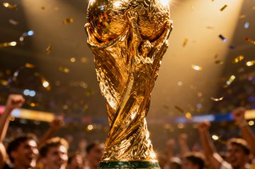 FIFA电竞世界杯2024赛季冠军奖杯特写照片，金色的奖杯在聚光灯下闪闪发光，背景是模糊的庆祝人群