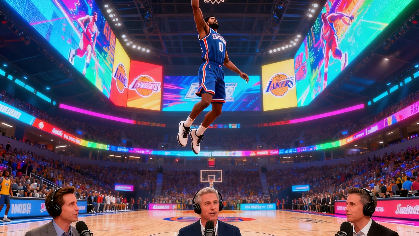 NBA2K职业联赛春季赛的比赛画面，虚拟篮球场内一名球员腾空跃起完成单手劈扣，球场四周环绕着动态LED广告屏，解说台前三位评论员正对着麦克风激情解说，画面色彩鲜艳充满活力